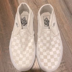 Lite grey and white slip on checkered vans womens 6.5 worn only a few times.